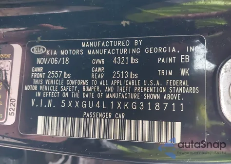 2019 Kia Optima Ex z USA, uszkodzony, nr VIN 5XXGU4L1XKG318711